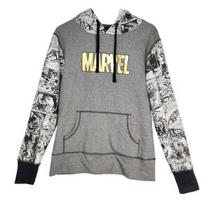 Universal Studios Marvel Comics Gray Hoodie Sweatshirt | Gold Logo Comic Sleeves